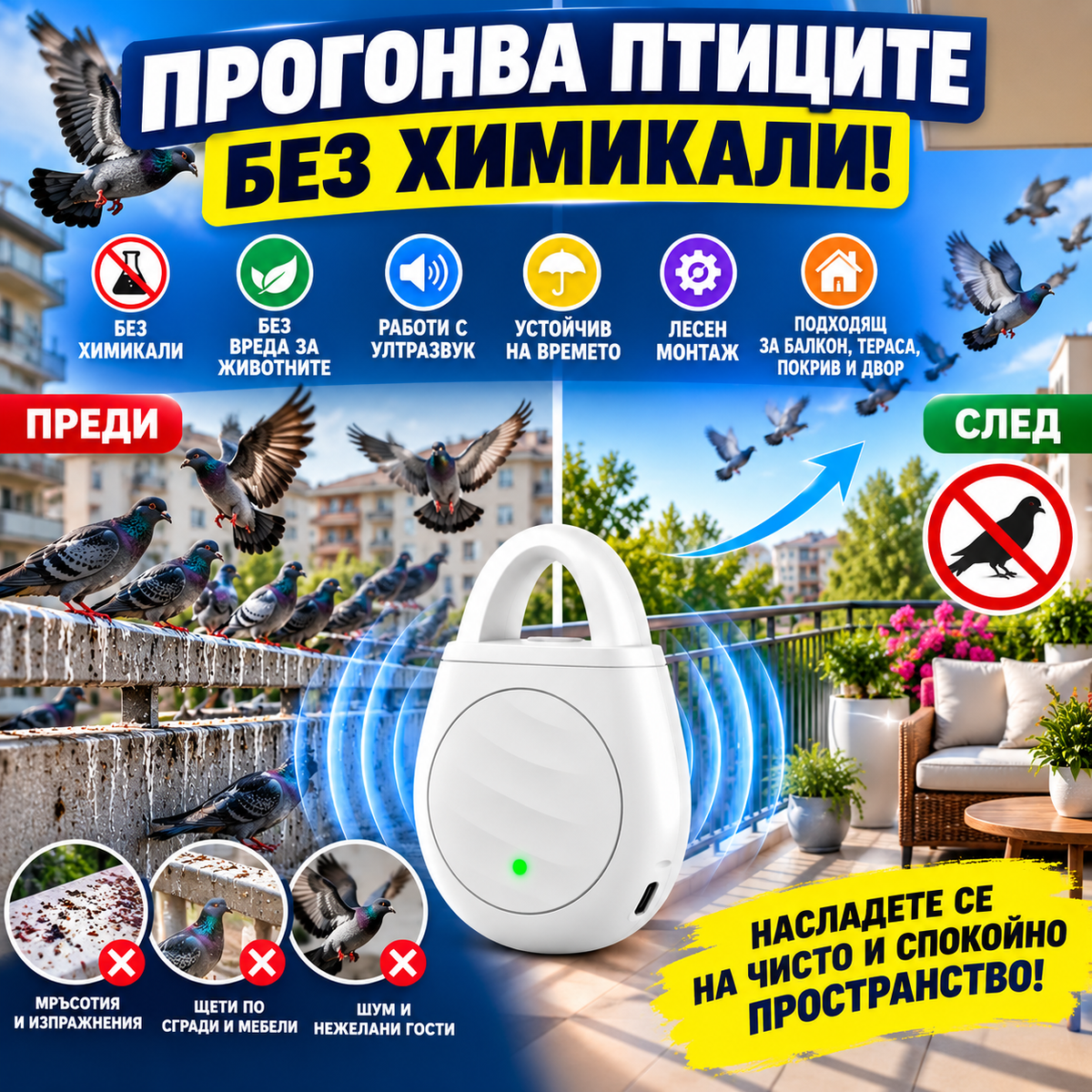 BirdGuard Ултразвуково устройство против птици