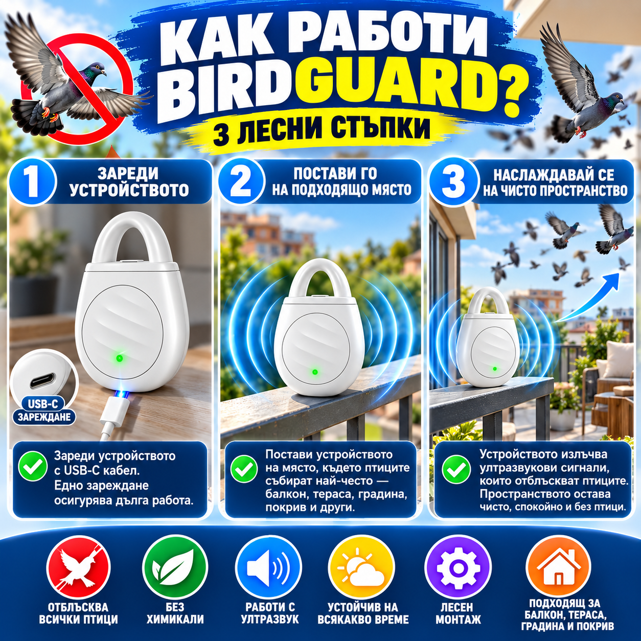 BirdGuard Ултразвуково устройство против птици