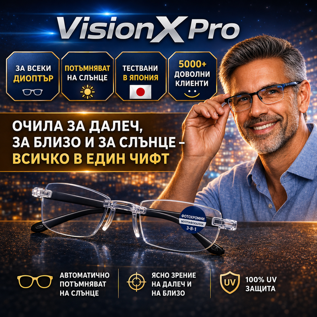 VisionX Pro Фотохромни мултифокални очила 3 в 1