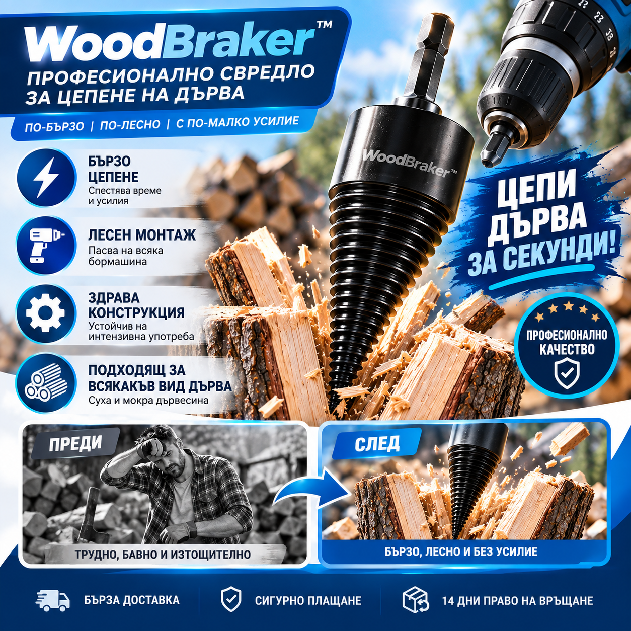 WoodBraker Професионално свредло за цепене на дърва