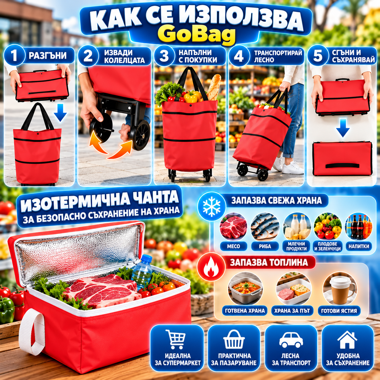 GoBag Пазарска чанта 2 в 1 с колелца